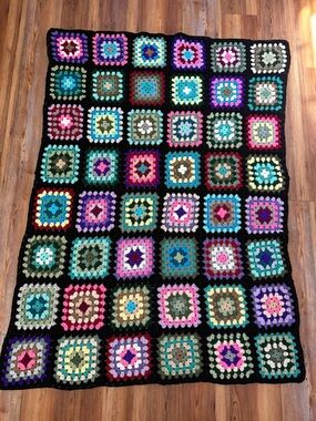Handmade Vintage Style Black Trim Granny Square Afghan Roseanne Couch Blanket